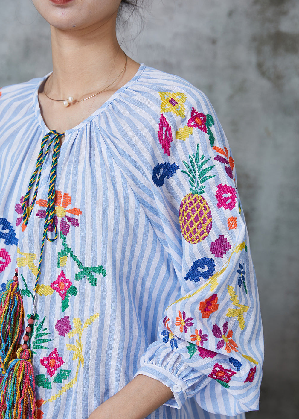 Art Light Blue Embroidered Striped Tasseled Cotton Shirt Top Spring