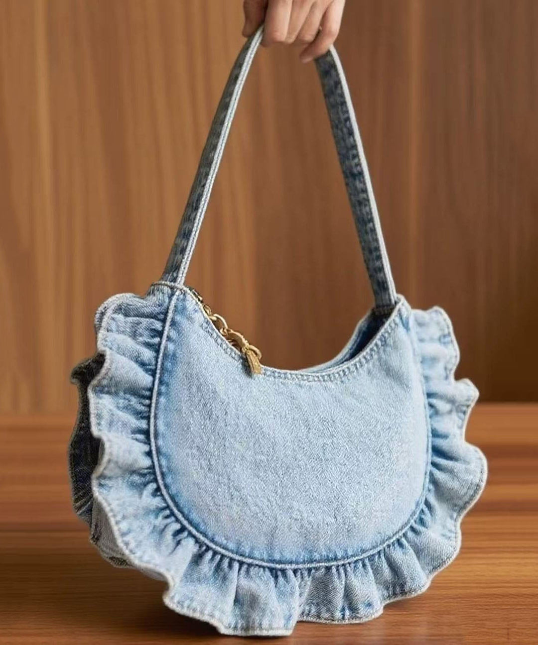 Art Light Blue Ruffled Denim Women Handbags