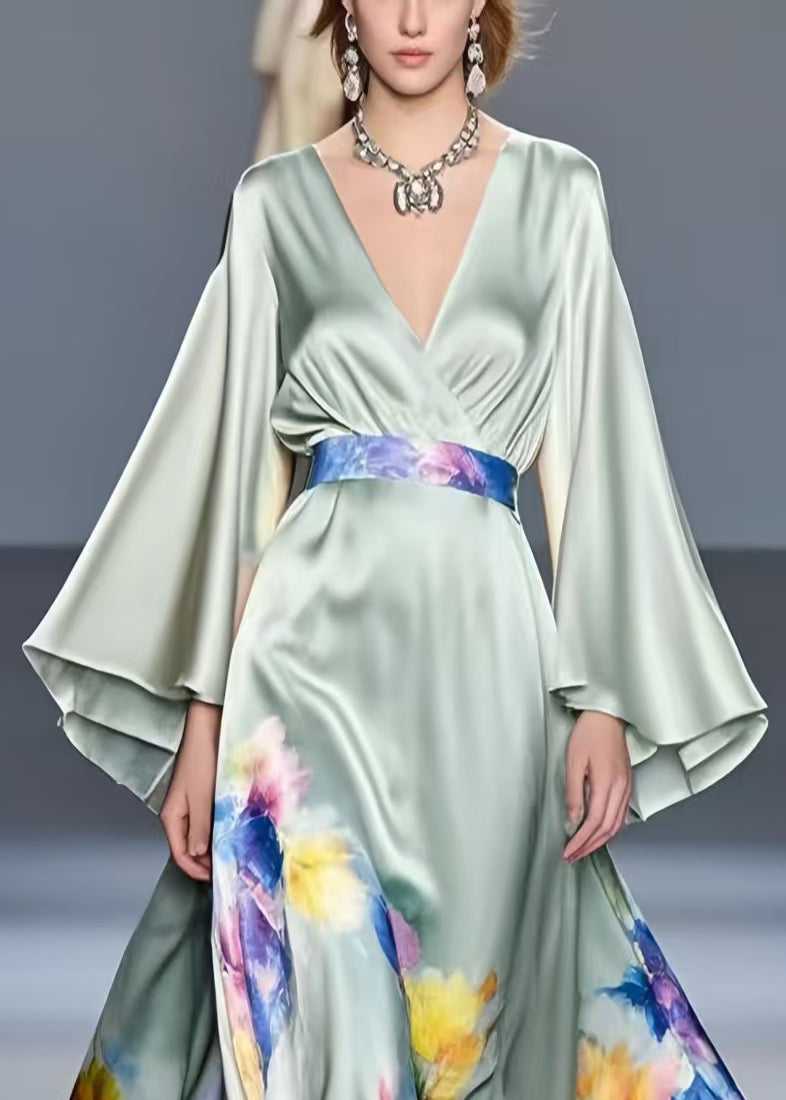 Art Light Green Floral Exra Large Hem Silk Tunic Dress Flare Sleeve