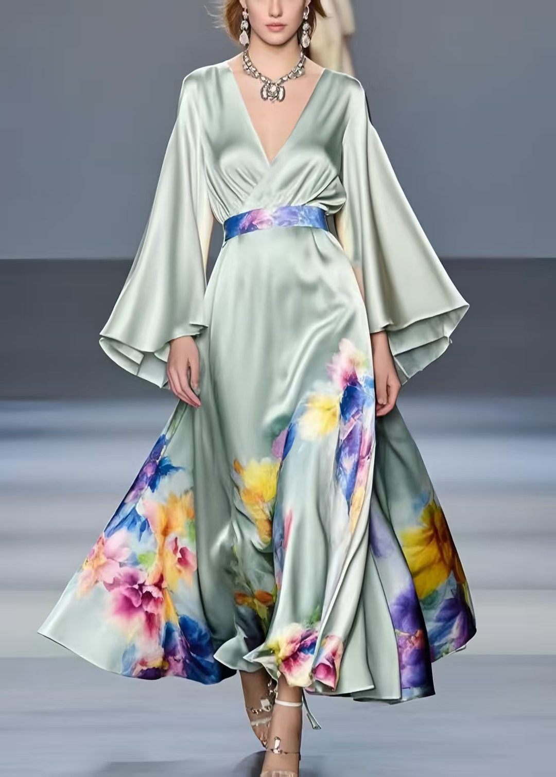 Art Light Green Floral Exra Large Hem Silk Tunic Dress Flare Sleeve