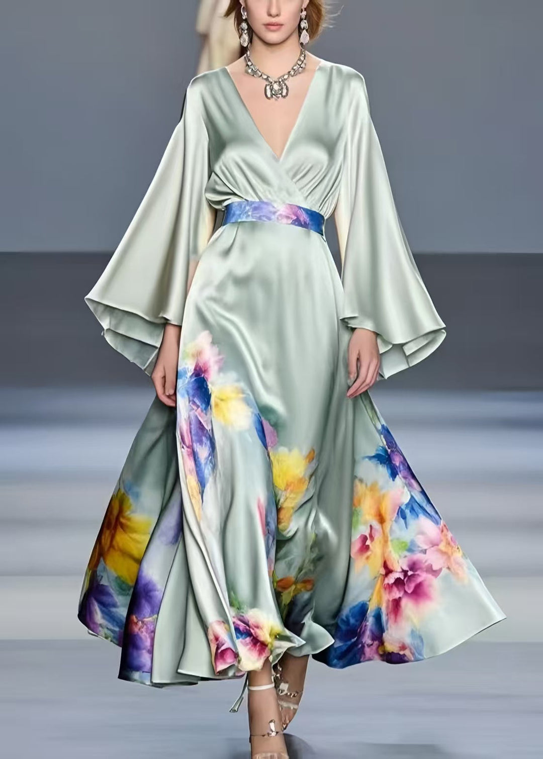 Art Light Green Floral Exra Large Hem Silk Tunic Dress Flare Sleeve
