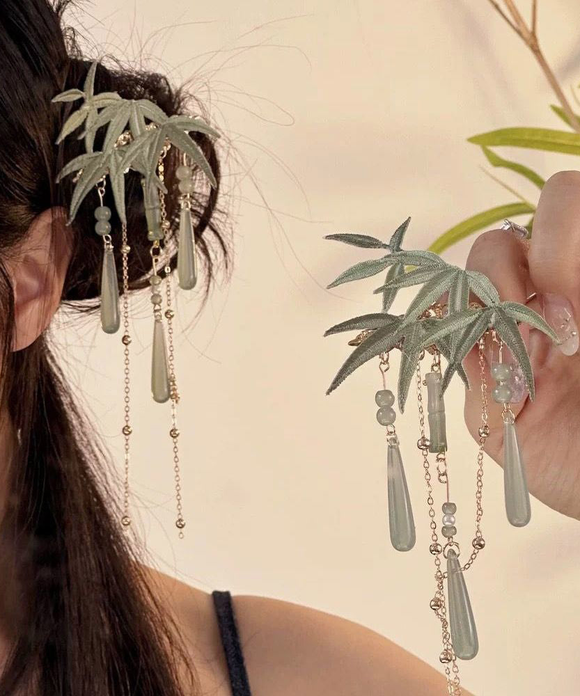 Art Light Green Overgild Coloured Glaze Resin Tassel Hairpin - Omychic