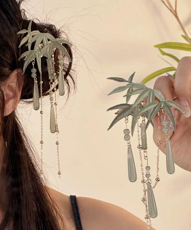Art Light Green Overgild Coloured Glaze Resin Tassel Hairpin - Omychic