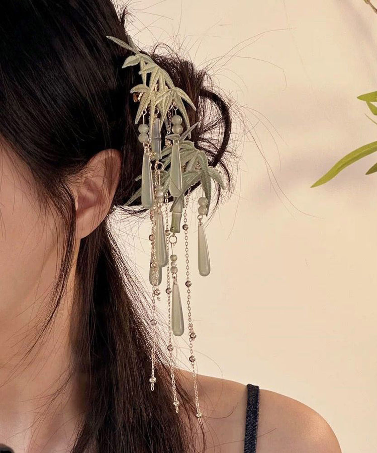 Art Light Green Overgild Coloured Glaze Resin Tassel Hairpin - Omychic