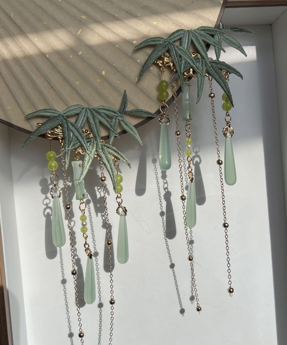 Art Light Green Overgild Coloured Glaze Resin Tassel Hairpin - Omychic