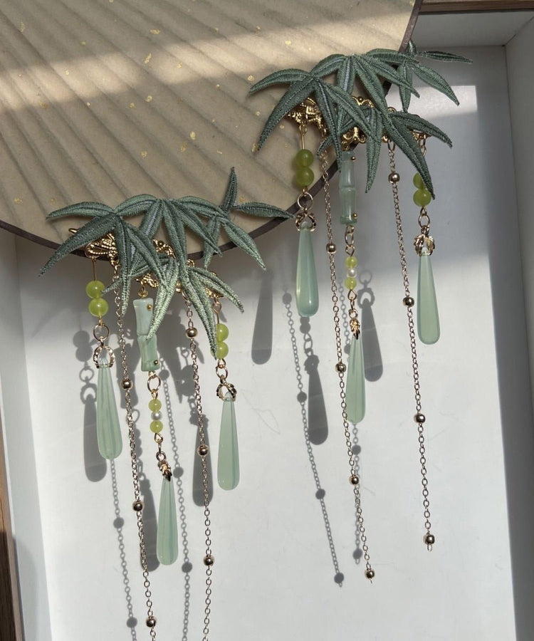 Art Light Green Overgild Coloured Glaze Resin Tassel Hairpin - Omychic
