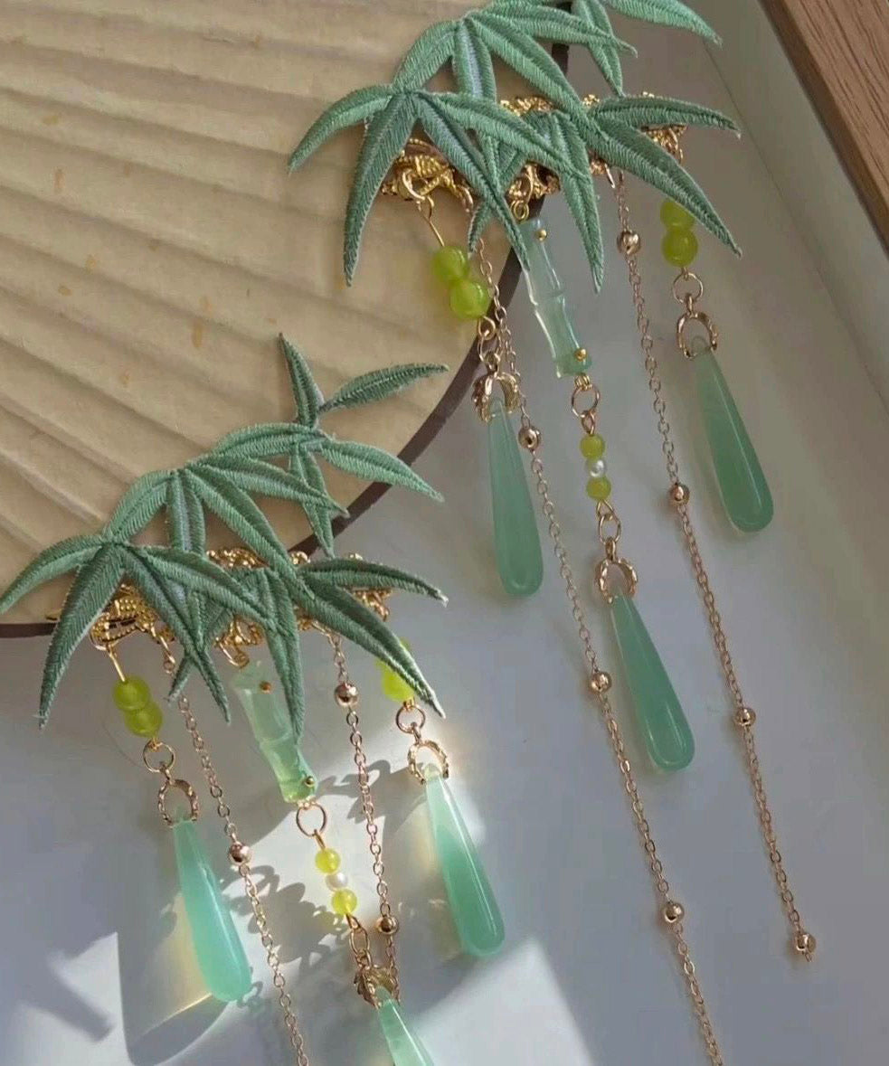 Art Light Green Overgild Coloured Glaze Resin Tassel Hairpin - Omychic