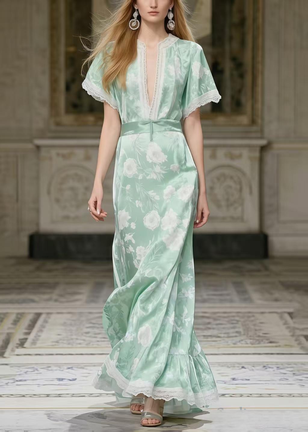 Art Light Green Print Patchwork Lace Party Dress Summer