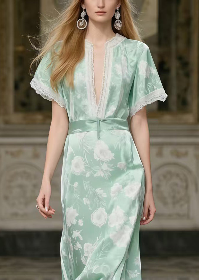 Art Light Green Print Patchwork Lace Party Dress Summer