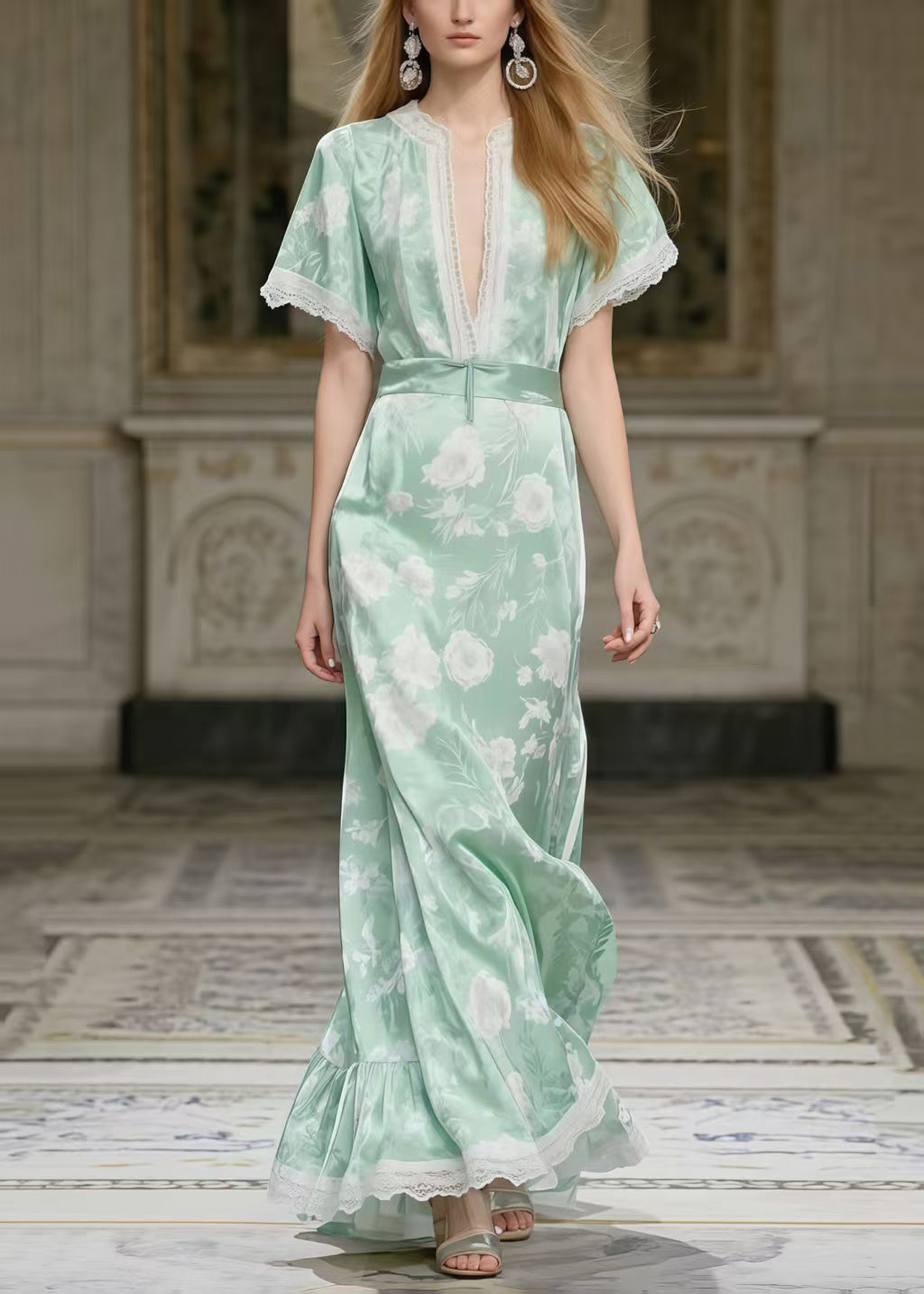 Art Light Green Print Patchwork Lace Party Dress Summer