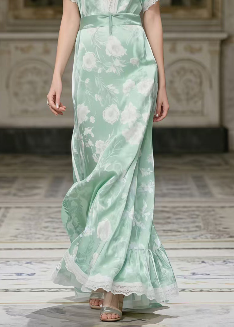 Art Light Green Print Patchwork Lace Party Dress Summer