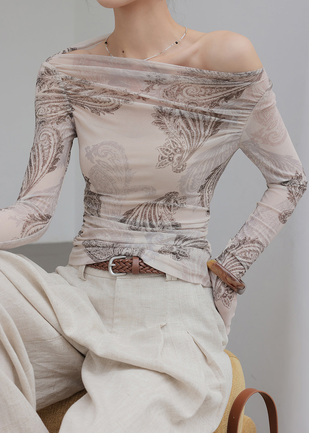 Art Light Grey Cold Shoulder Print Tulle Shirt Tops Fall