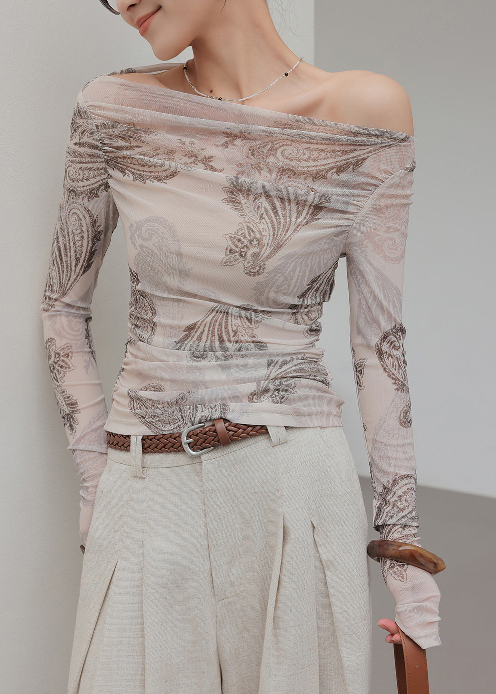 Art Light Grey Cold Shoulder Print Tulle Shirt Tops Fall