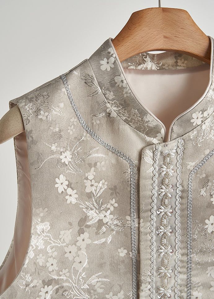 Art Light Grey Jacquard Patchwork Feather Silk Vests Fall