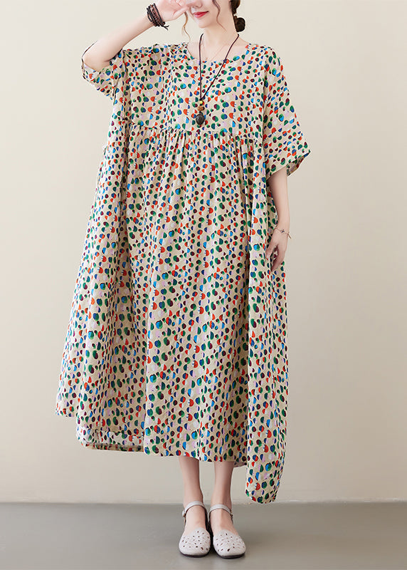 Art Light Khaki O-Neck Dot Print Pockets Long Dresses Summer