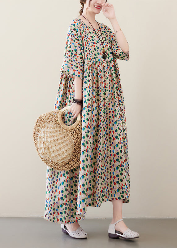 Art Light Khaki O-Neck Dot Print Pockets Long Dresses Summer