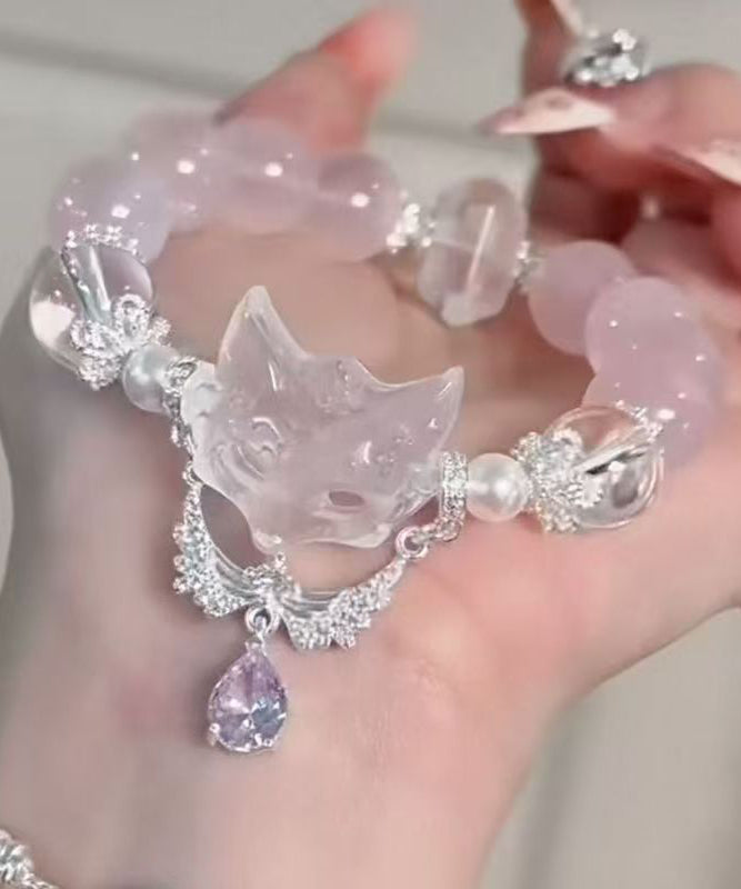 Art Light Pink Alloy Zircon Fox Tassel Charm Bracelet