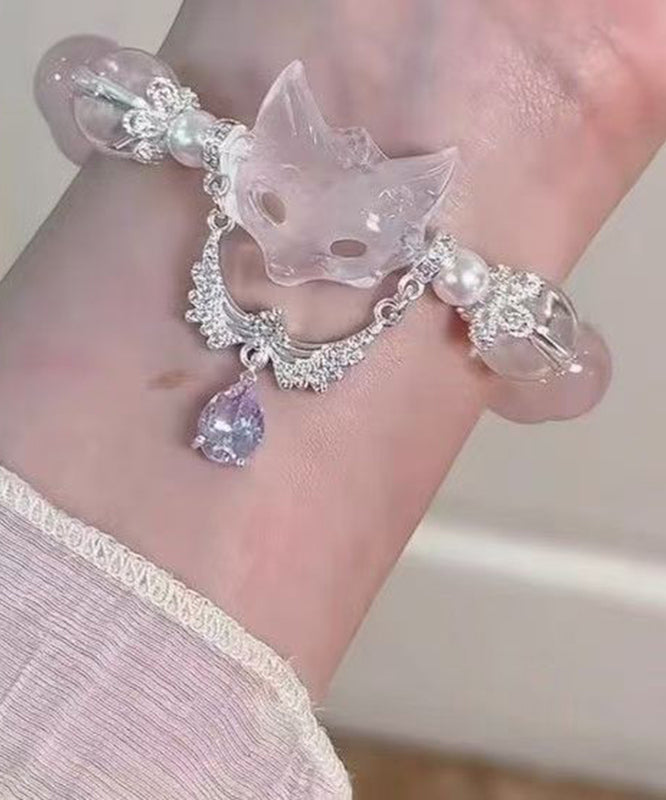Art Light Pink Alloy Zircon Fox Tassel Charm Bracelet