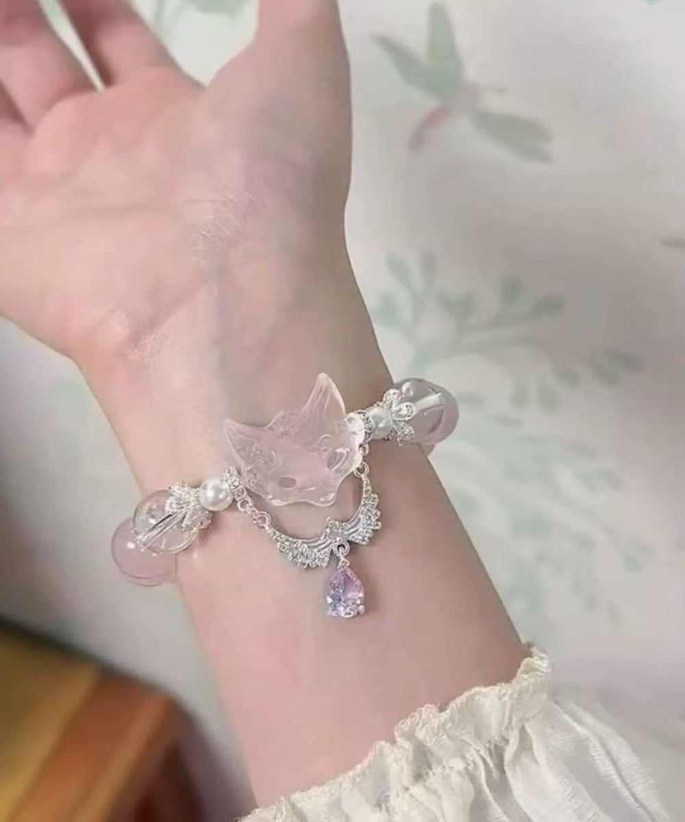 Art Light Pink Alloy Zircon Fox Tassel Charm Bracelet