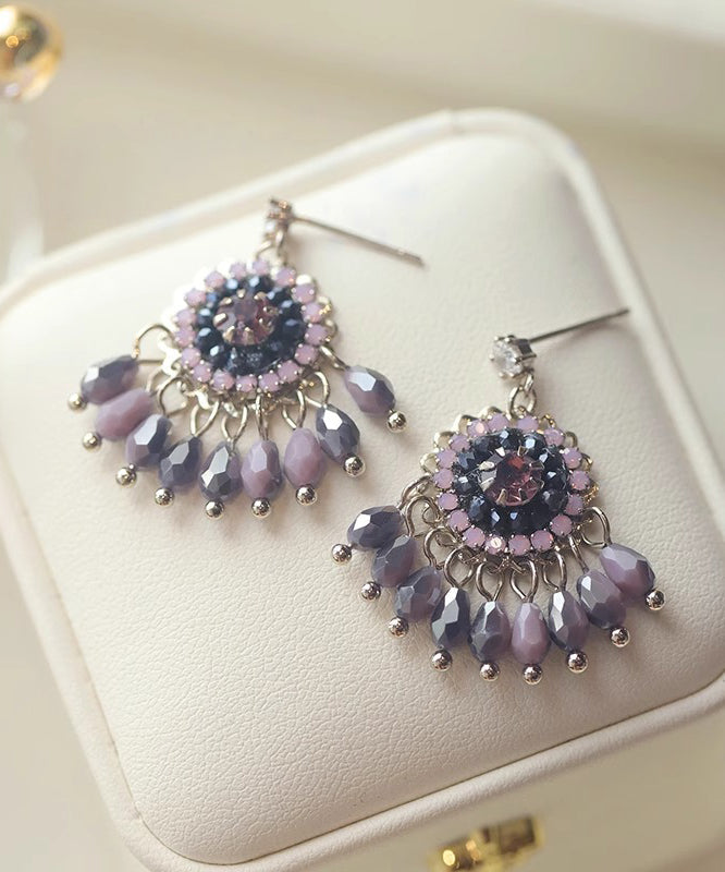 Art Light Purple Copper Alloy Crystal Tassel Drop Earrings