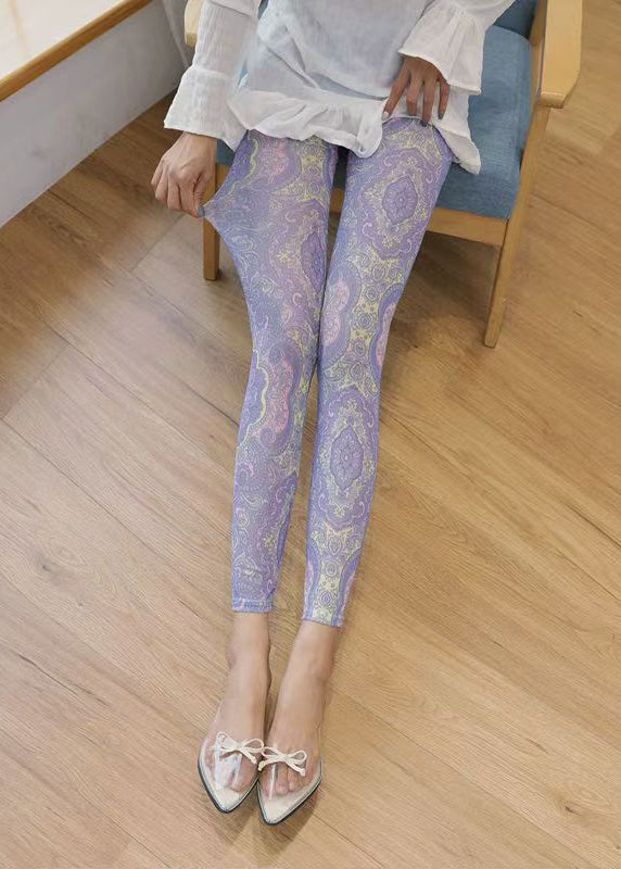 Art Light Purple Print Butt Scrunch Mesh Panel Leggings Capri Leggings