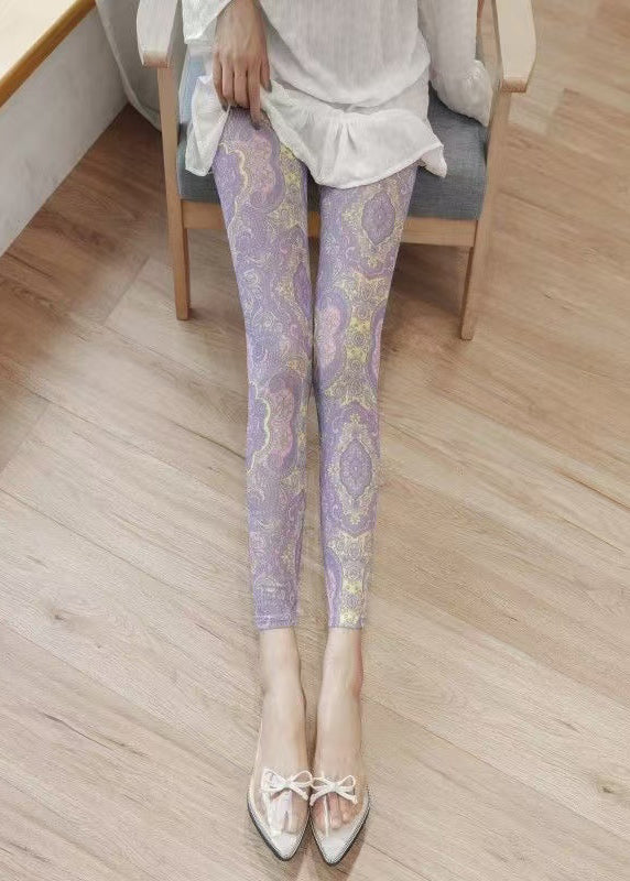 Art Light Purple Print Butt Scrunch Mesh Panel Leggings Capri Leggings