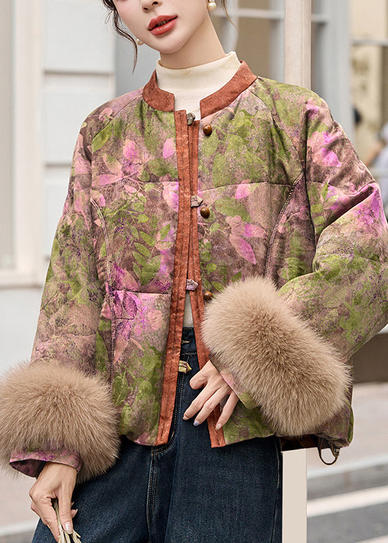 Art Mandarin Collar Print Fox Fur Duck Down Down Coat Winter