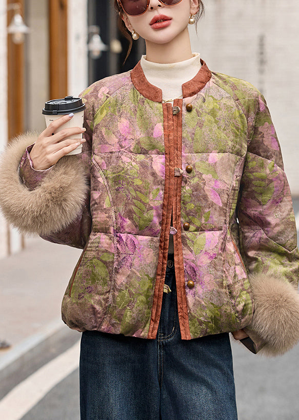 Art Mandarin Collar Print Fox Fur Duck Down Down Coat Winter
