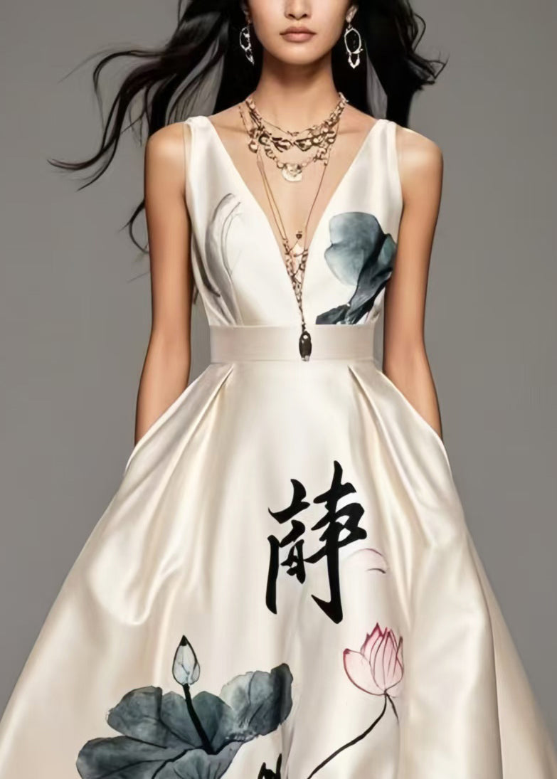 Art Milk White Print Exra Large Hem Silk Cami Dresses Summer