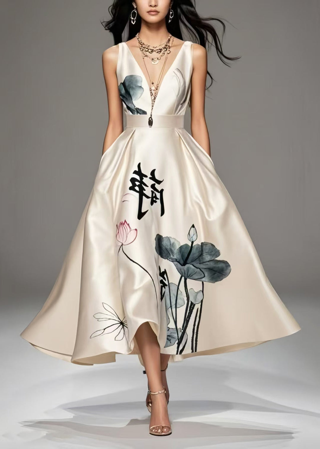 Art Milk White Print Exra Large Hem Silk Cami Dresses Summer