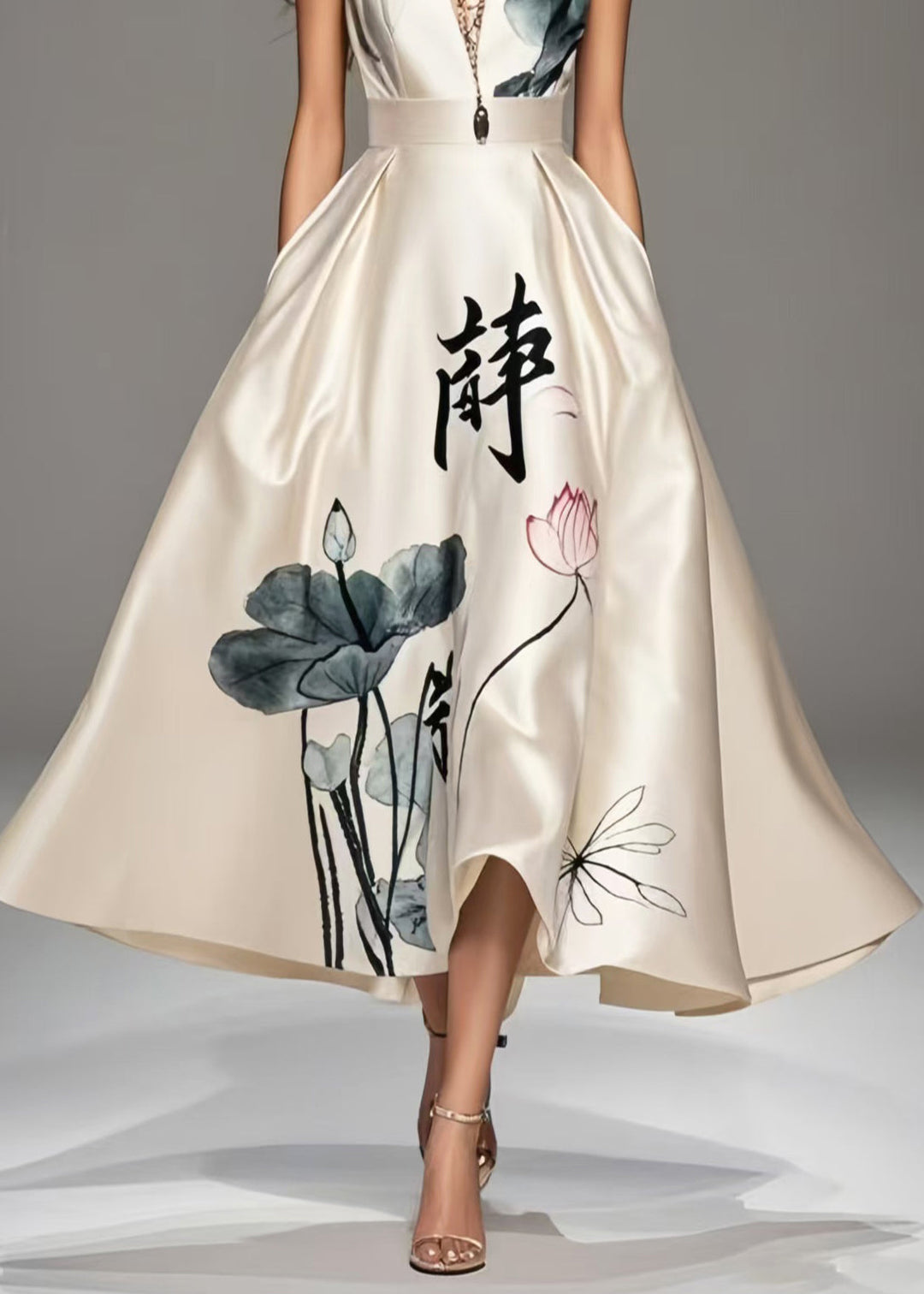 Art Milk White Print Exra Large Hem Silk Cami Dresses Summer