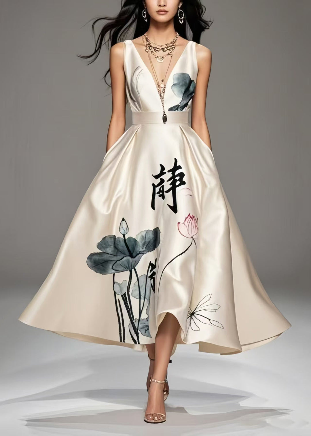Art Milk White Print Exra Large Hem Silk Cami Dresses Summer