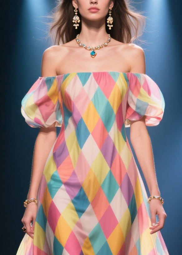 Art Multicolour Plaid Flower Decorated Silk Strapless Dress Puff Sleeve