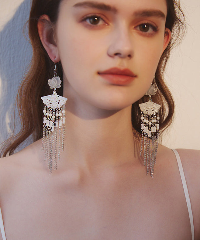 Art Natural Lotus Jade And Stone Fan Tassels Silver Plated Drop Earrings