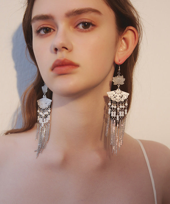 Art Natural Lotus Jade And Stone Fan Tassels Silver Plated Drop Earrings