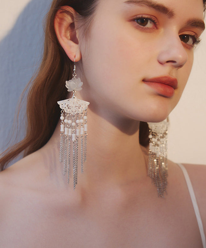 Art Natural Lotus Jade And Stone Fan Tassels Silver Plated Drop Earrings
