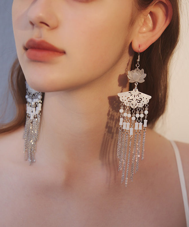 Art Natural Lotus Jade And Stone Fan Tassels Silver Plated Drop Earrings