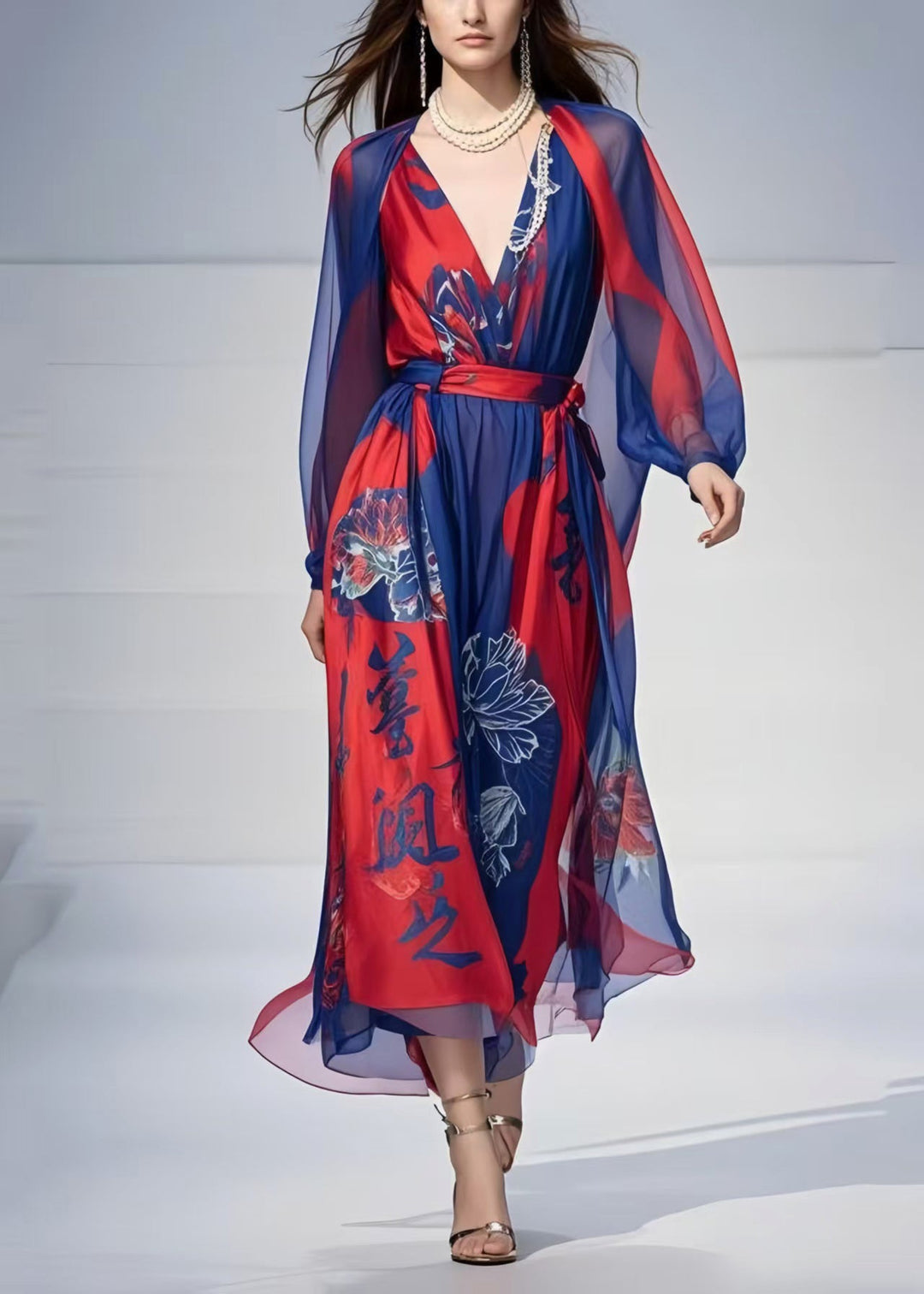 Art Navy Cinched Print Chiffon Party Dress Spring