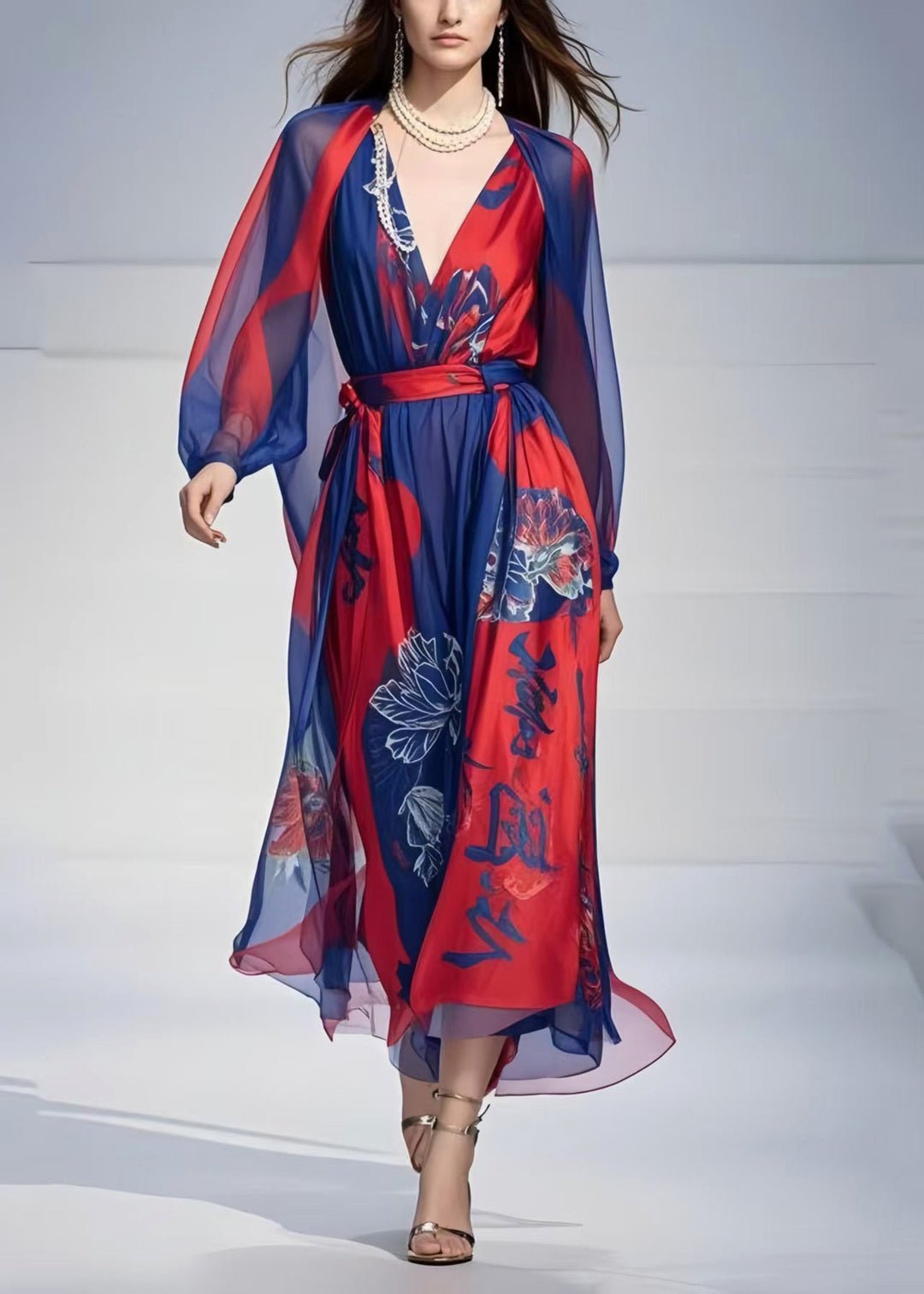 Art Navy Cinched Print Chiffon Party Dress Spring