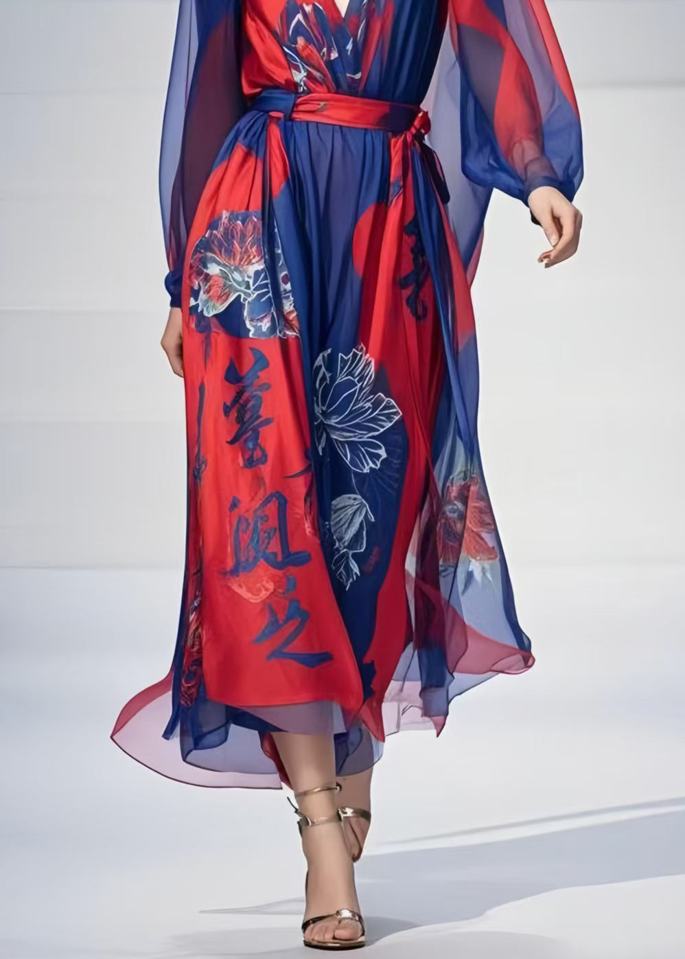 Art Navy Cinched Print Chiffon Party Dress Spring