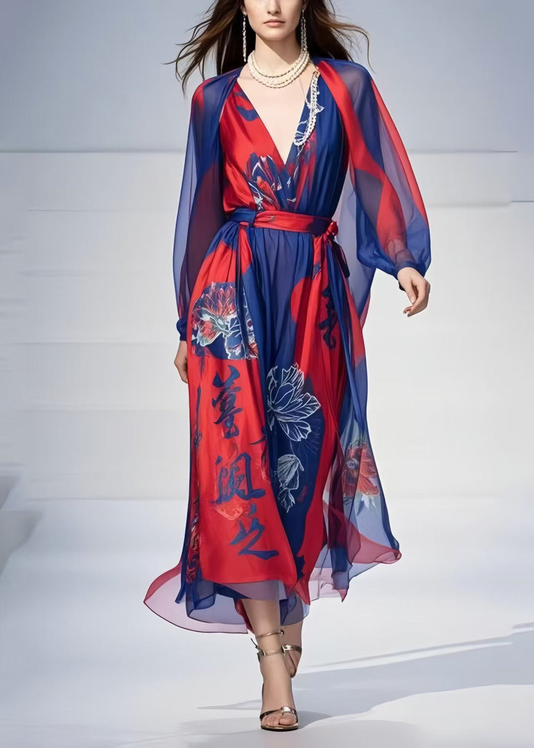 Art Navy Cinched Print Chiffon Party Dress Spring