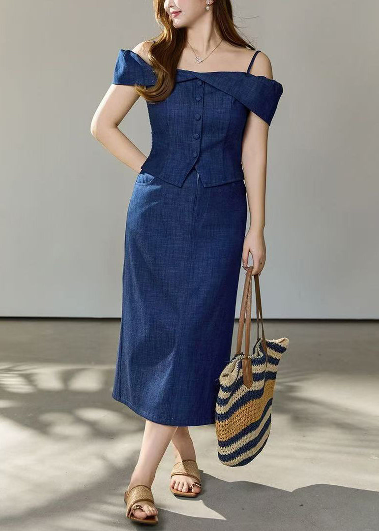 Art Navy Cold Shoulder Denim Two Pieces Set Summer