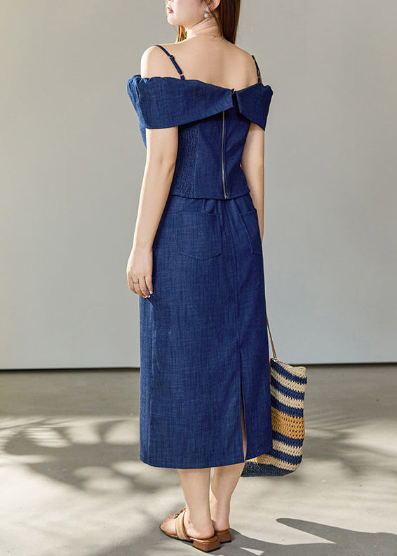 Art Navy Cold Shoulder Denim Two Pieces Set Summer