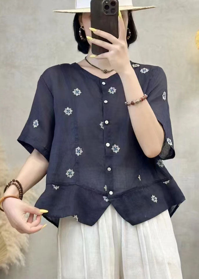 Art Navy Embroidered Patchwork Linen Shirt Top Summer