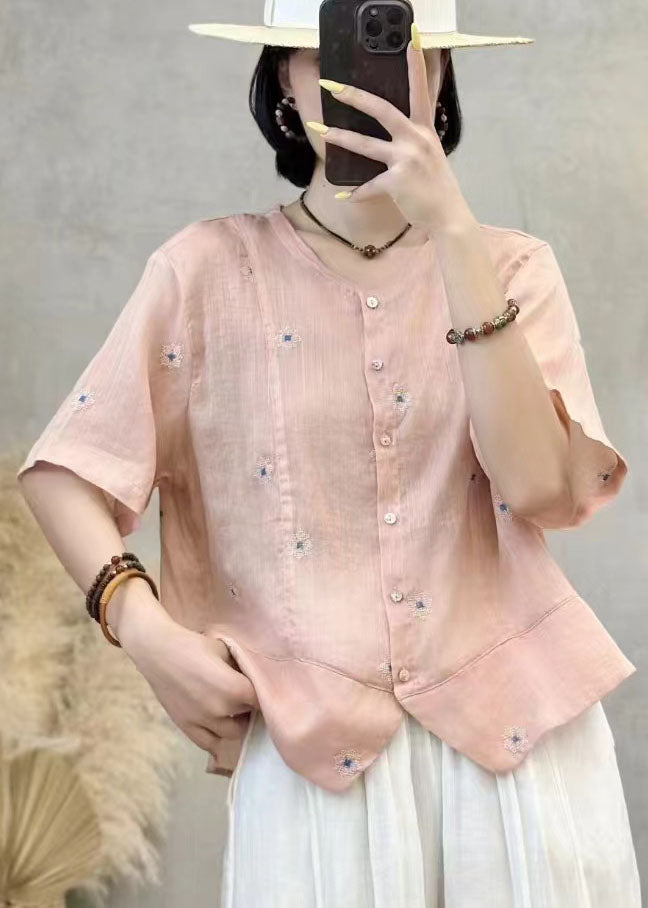Art Navy Embroidered Patchwork Linen Shirt Top Summer