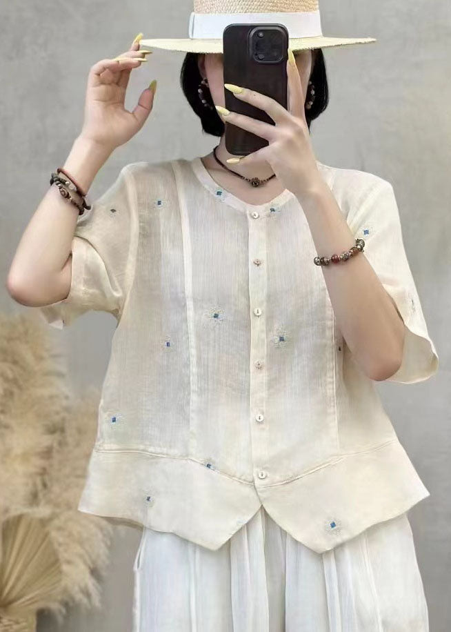 Art Navy Embroidered Patchwork Linen Shirt Top Summer