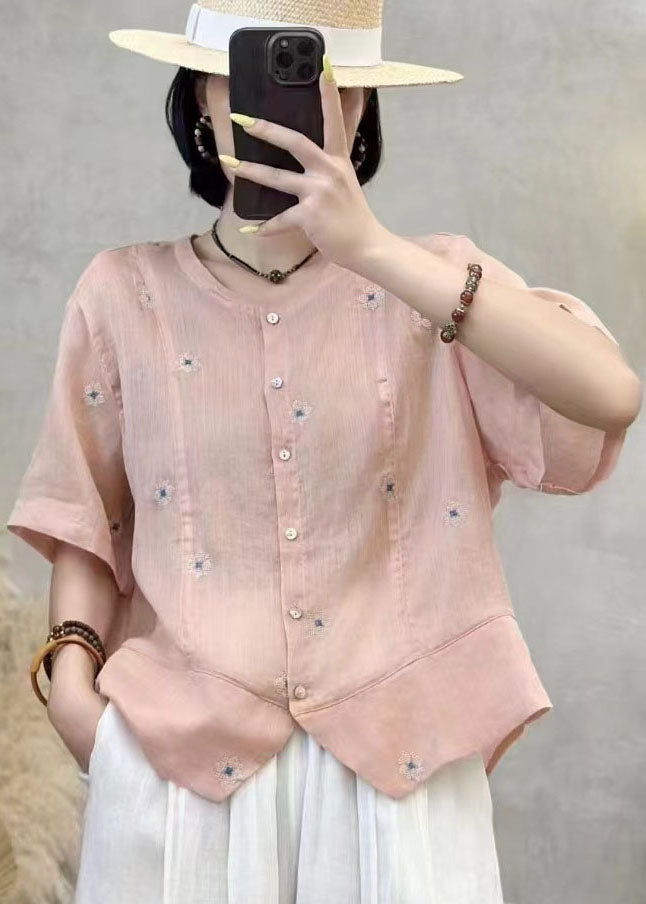 Art Navy Embroidered Patchwork Linen Shirt Top Summer