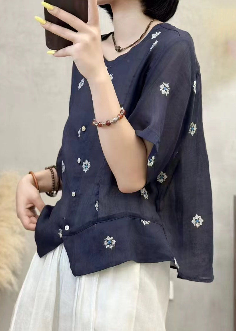 Art Navy Embroidered Patchwork Linen Shirt Top Summer