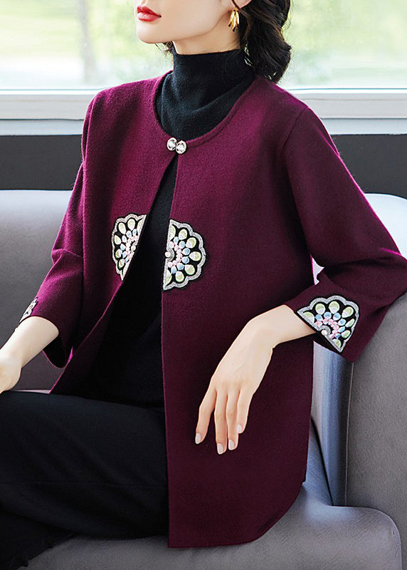 Art Navy O-Neck Print Knit Coats Three Quarter Sleeve