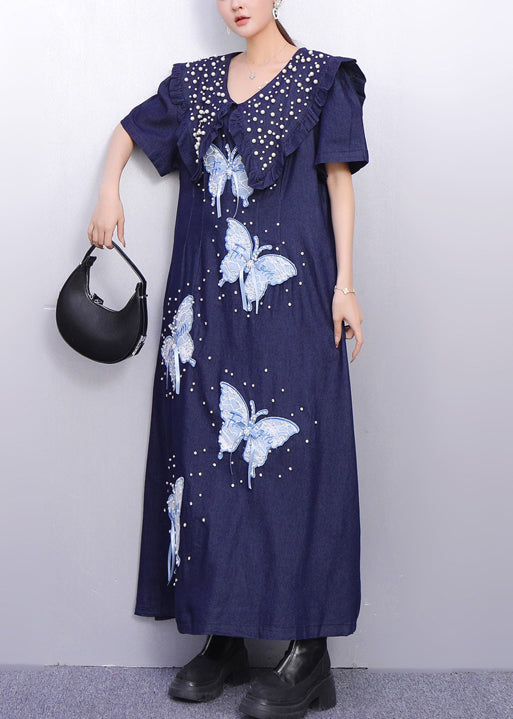 Art Navy Peter Pan Collar Butterfly Nail Bead Denim Dress Summer